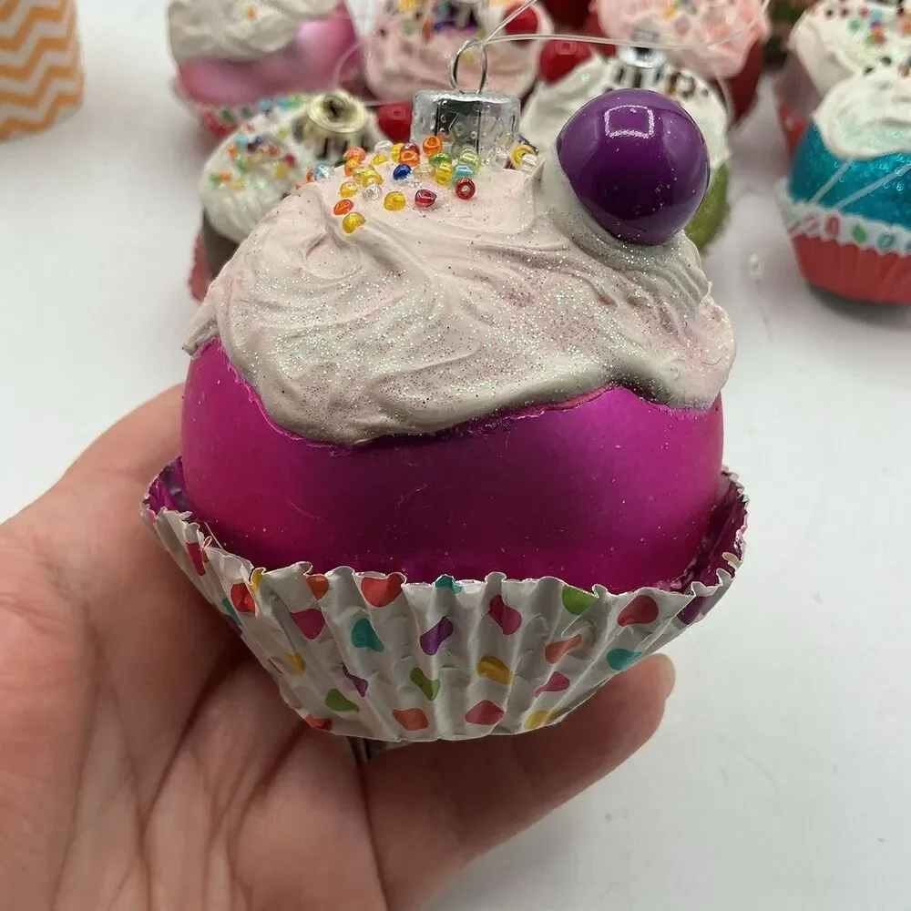 Lot of 13 Handmade Faux Cupcake Christmas Tree Ornaments Glitter Holiday Decor